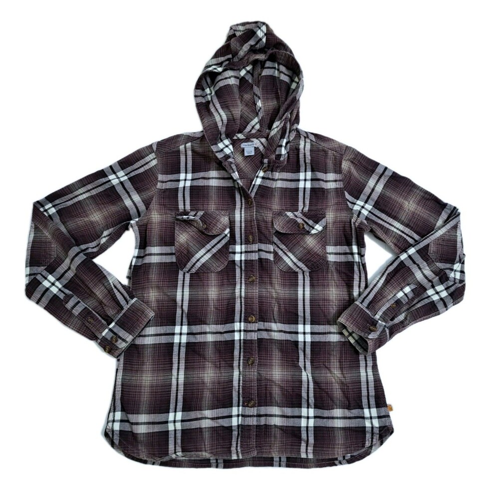 Carhartt Womens Small Belton Plaid Hooded Flannel Shirt Brown Purple Spring